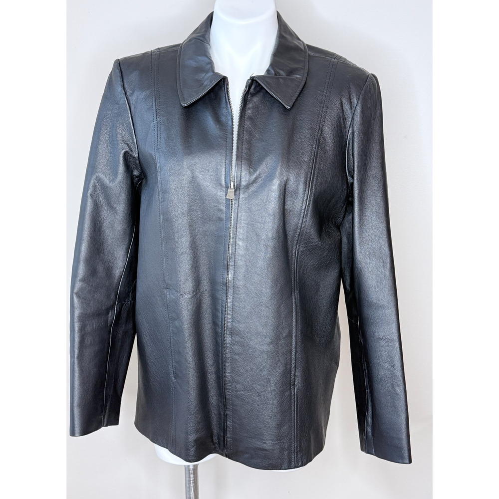 Kim Rogers Black Zip-Front Lined Leather Jacket Size M